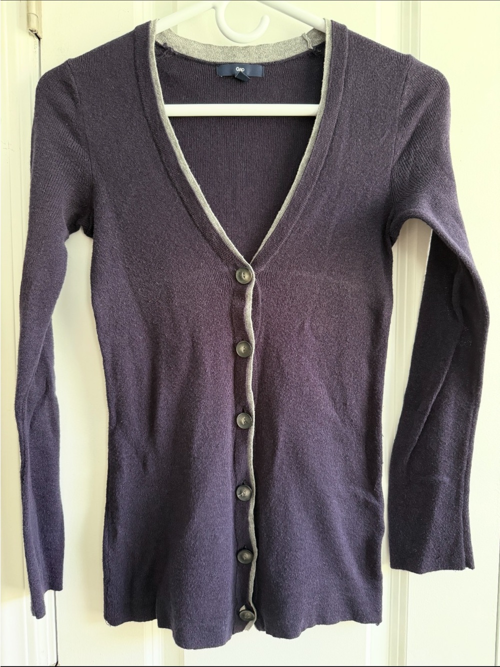 GAP Slim Purple Button-Front Cardigan with Cream Trim